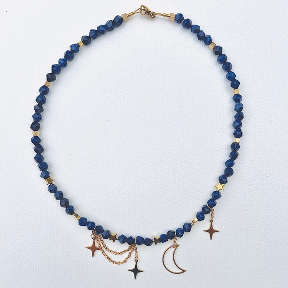 Starry Night natural gemstone lapis lazuli moonstone beads statement necklace - Picture 8 of 10